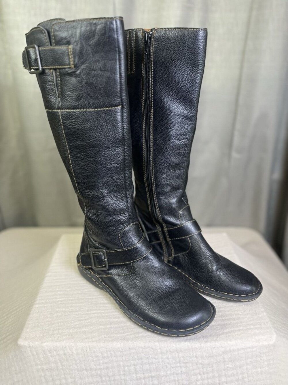 Cabelas 16” Leather Riding Boots Womens 8.5M Brown Pebbled Zip Buckle Over Calf - Picture 2 of 9